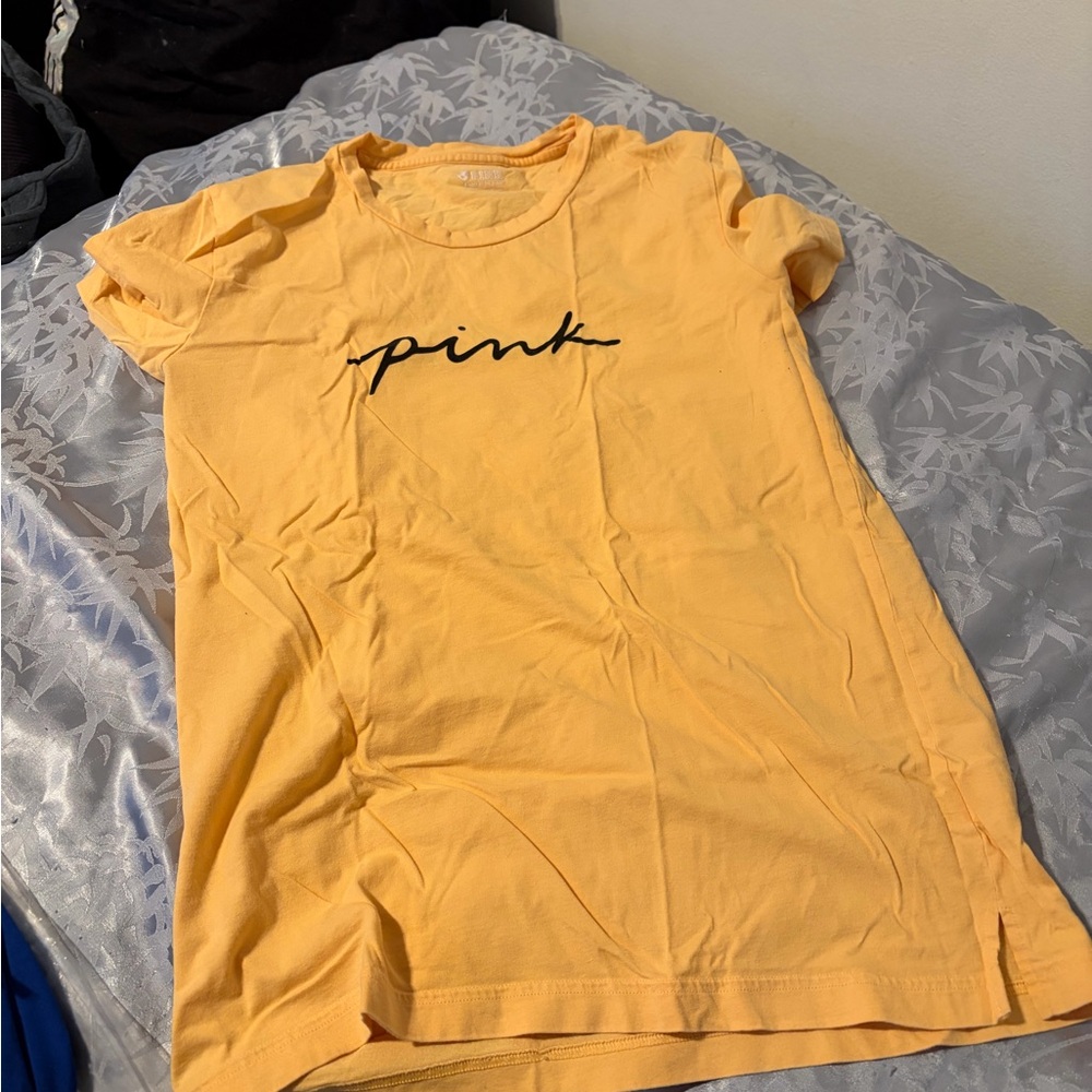 PINK Victoria's Secret Yellow Short Sleeve Tee with Black Script